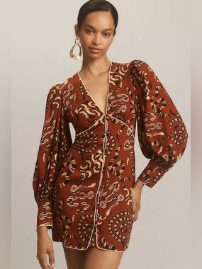 NEW | Farm Rio x Anthropologie Long-Sleeve V-Neck Mini Dress Snake Print Sz: M